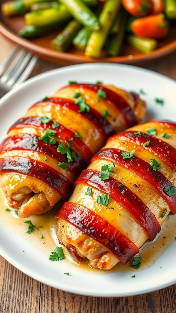 Bacon-wrapped chicken breasts served on a plate with fresh herbs and vegetables.